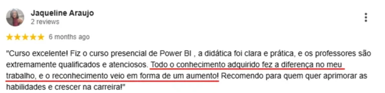 Avaliação 5 estrelas de aluna da Atuar