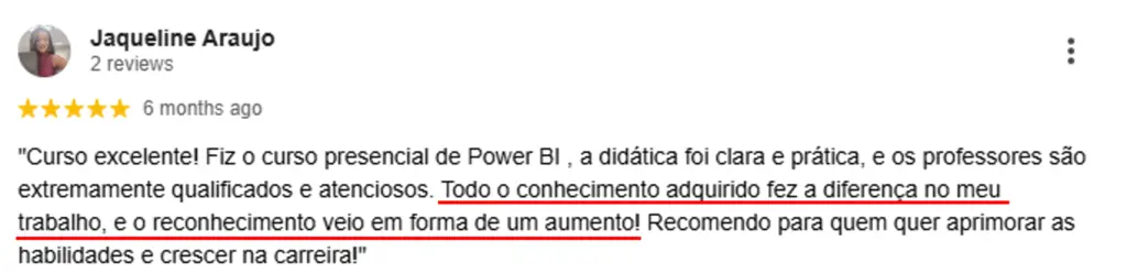 Avaliação 5 estrelas de aluna da Atuar