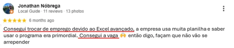 Avaliação 5 estrelas de aluno da Atuar