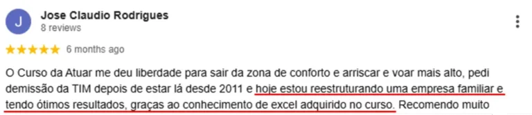 Avaliação 5 estrelas de aluno da Atuar