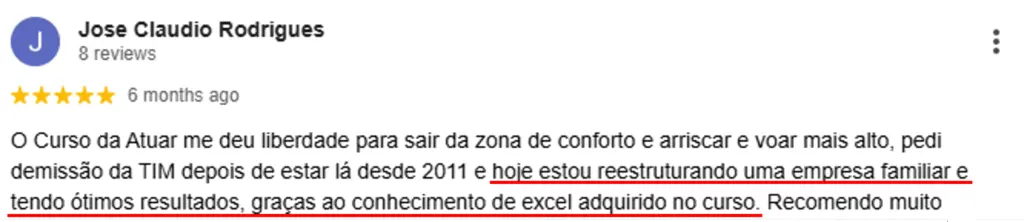 Avaliação 5 estrelas de aluno da Atuar