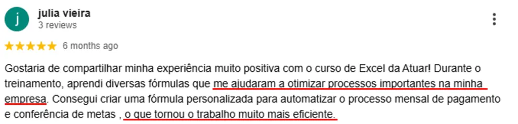 Avaliação 5 estrelas de aluna da Atuar